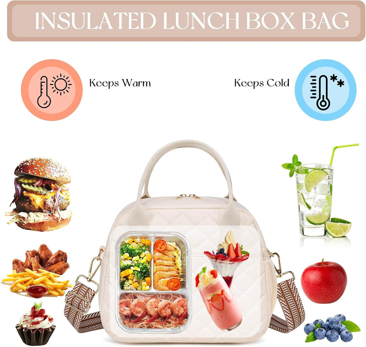 Lunch Box for Women Insulated Lunch Bag Lunchbox Cooler Thermal Leakproof Quilted Reusable Lunch Tote Bag for Work School Travel Picnic (Black) - Colors B
