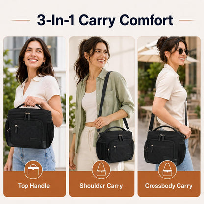 Lunch Box for Women Insulated Lunch Bag Lunchbox Cooler Thermal Leakproof Quilted Reusable Lunch Tote Bag for Work School Travel Picnic (Black) - Colors B