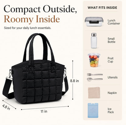 Lunch Box for Women Insulated Lunch Bag Lunchbox Cooler Thermal Leakproof Quilted Reusable Lunch Tote Bag for Work School Travel Picnic (Black) - Colors B
