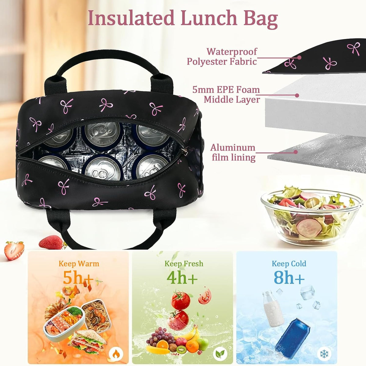 Lunch Box for Women Insulated Lunch Bag Lunchbox Cooler Thermal Leakproof Quilted Reusable Lunch Tote Bag for Work School Travel Picnic (Black) - Colors B