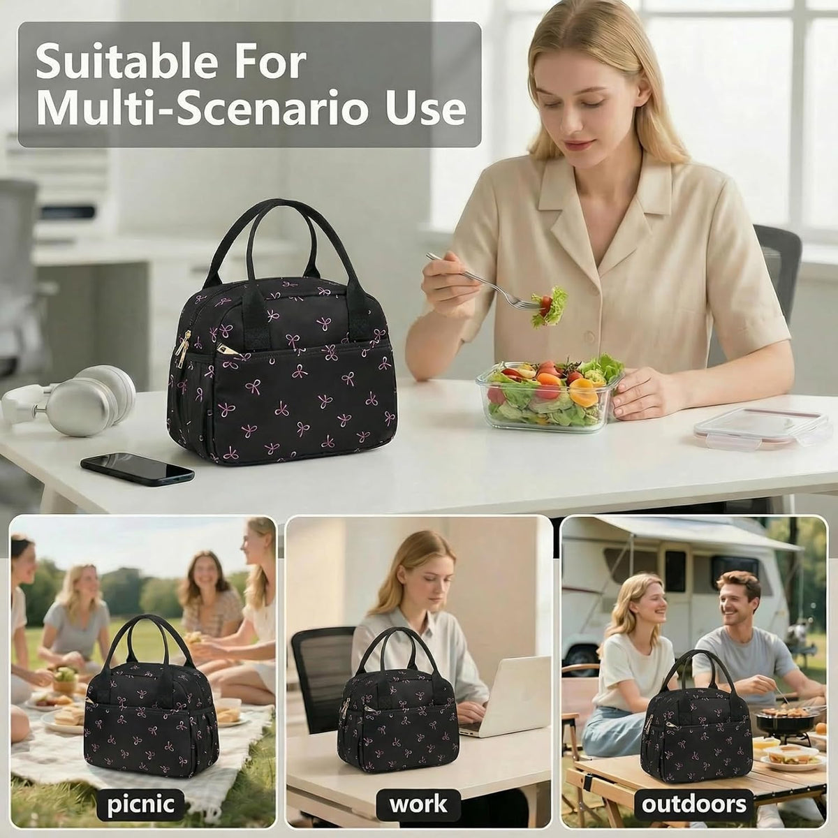 Lunch Box for Women Insulated Lunch Bag Lunchbox Cooler Thermal Leakproof Quilted Reusable Lunch Tote Bag for Work School Travel Picnic (Black) - Colors B
