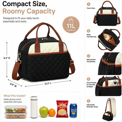 Lunch Box for Women Insulated Lunch Bag Lunchbox Cooler Thermal Leakproof Quilted Reusable Lunch Tote Bag for Work School Travel Picnic (Black) - Colors B
