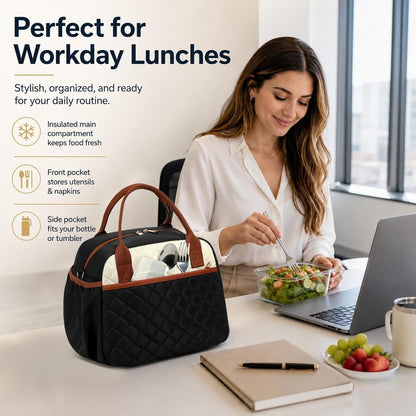 Lunch Box for Women Insulated Lunch Bag Lunchbox Cooler Thermal Leakproof Quilted Reusable Lunch Tote Bag for Work School Travel Picnic (Black) - Colors B