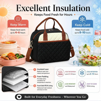 Lunch Box for Women Insulated Lunch Bag Lunchbox Cooler Thermal Leakproof Quilted Reusable Lunch Tote Bag for Work School Travel Picnic (Black) - Colors B