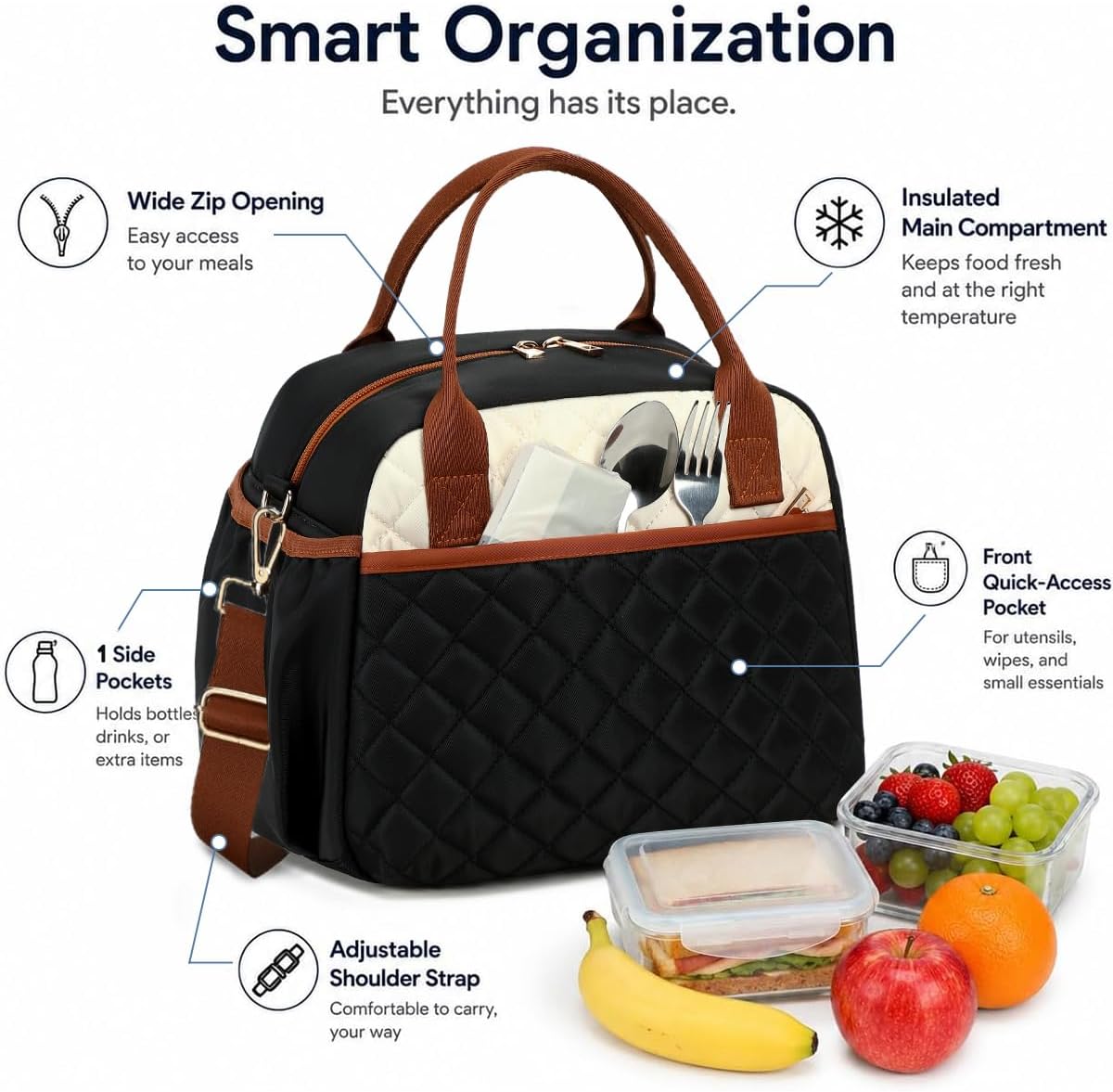 Lunch Box for Women Insulated Lunch Bag Lunchbox Cooler Thermal Leakproof Quilted Reusable Lunch Tote Bag for Work School Travel Picnic (Black) - Colors B
