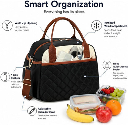 Lunch Box for Women Insulated Lunch Bag Lunchbox Cooler Thermal Leakproof Quilted Reusable Lunch Tote Bag for Work School Travel Picnic (Black) - Colors B