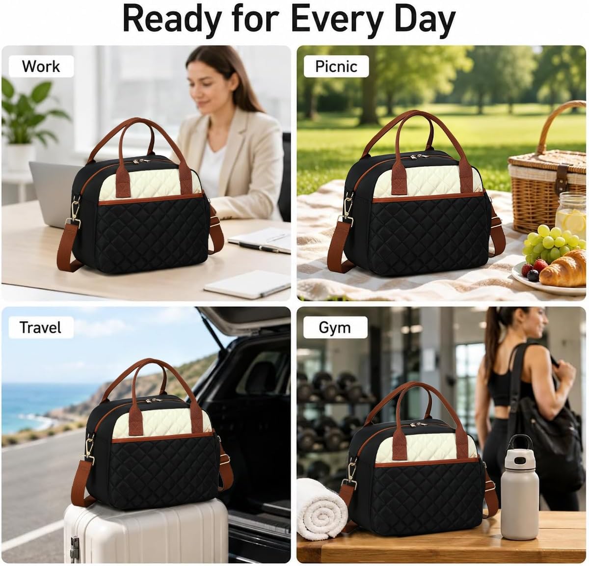 Lunch Box for Women Insulated Lunch Bag Lunchbox Cooler Thermal Leakproof Quilted Reusable Lunch Tote Bag for Work School Travel Picnic (Black) - Colors B