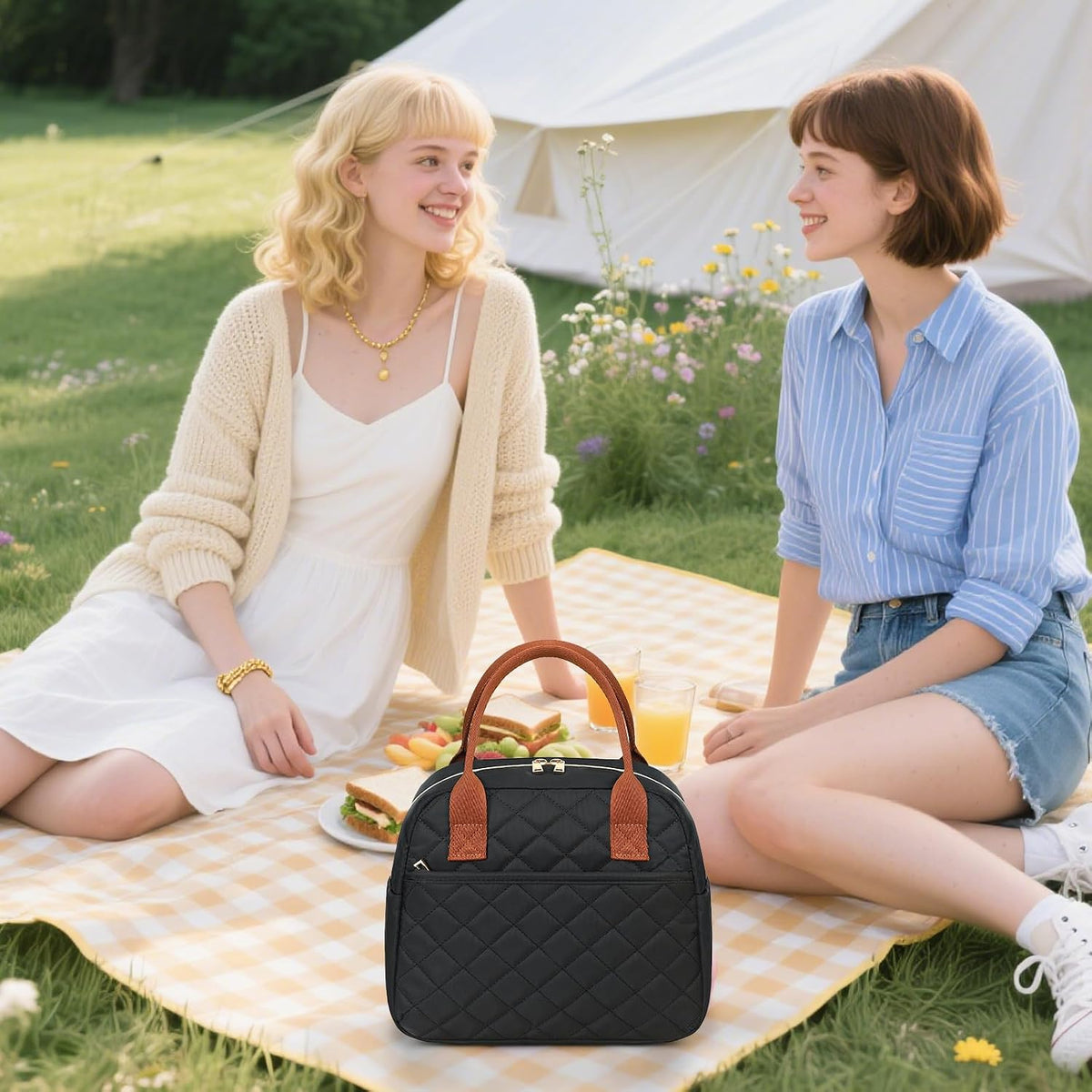 Lunch Box for Women Insulated Lunch Bag Lunchbox Cooler Thermal Leakproof Quilted Reusable Lunch Tote Bag for Work School Travel Picnic (Black) - Colors B