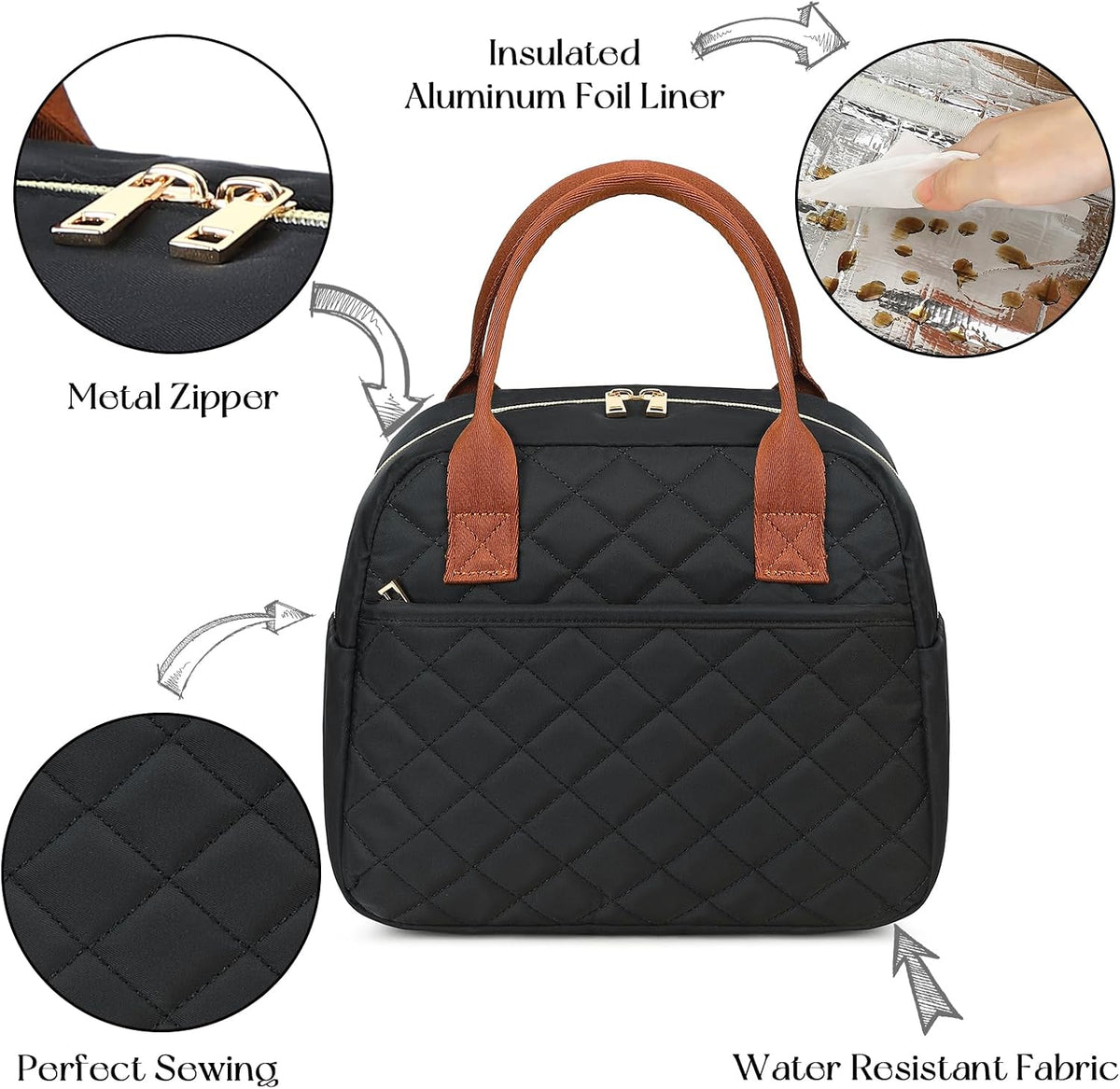 Lunch Box for Women Insulated Lunch Bag Lunchbox Cooler Thermal Leakproof Quilted Reusable Lunch Tote Bag for Work School Travel Picnic (Black) - Colors B