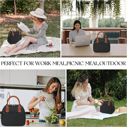 Lunch Box for Women Insulated Lunch Bag Lunchbox Cooler Thermal Leakproof Quilted Reusable Lunch Tote Bag for Work School Travel Picnic (Black) - Colors B