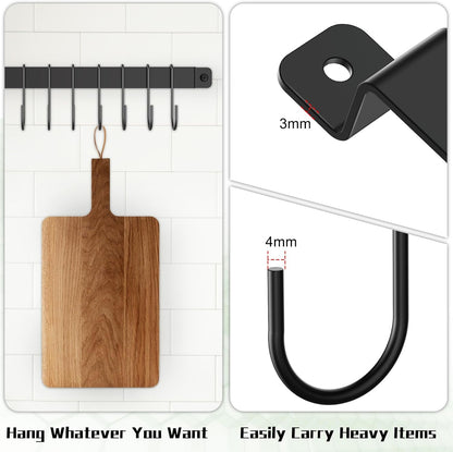 Wall Mount Kitchen Pot Pan Utensil Hanging Rail Rack with 10 S Hooks
