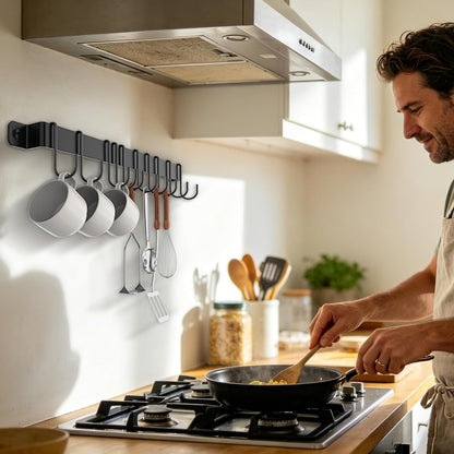 Wall Mount Kitchen Pot Pan Utensil Hanging Rail Rack with 10 S Hooks