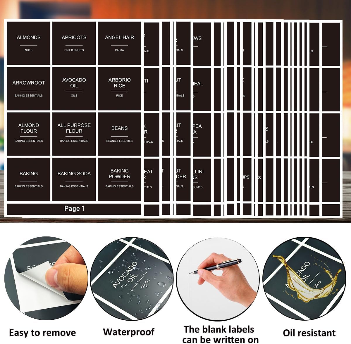 300pcs Pantry Labels for Food Containers, Preprinted Minimalist Waterproof Stickers Removable White Kitchen Food Labels Expiration Date Labels for Organizing Storage Bins Jars Bottles Boxes