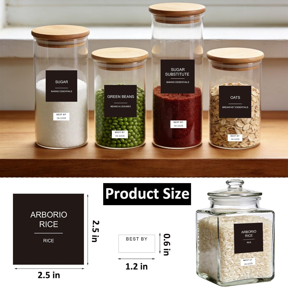 300pcs Pantry Labels for Food Containers, Preprinted Minimalist Waterproof Stickers Removable White Kitchen Food Labels Expiration Date Labels for Organizing Storage Bins Jars Bottles Boxes