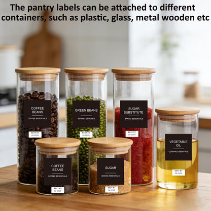 300pcs Pantry Labels for Food Containers, Preprinted Minimalist Waterproof Stickers Removable White Kitchen Food Labels Expiration Date Labels for Organizing Storage Bins Jars Bottles Boxes
