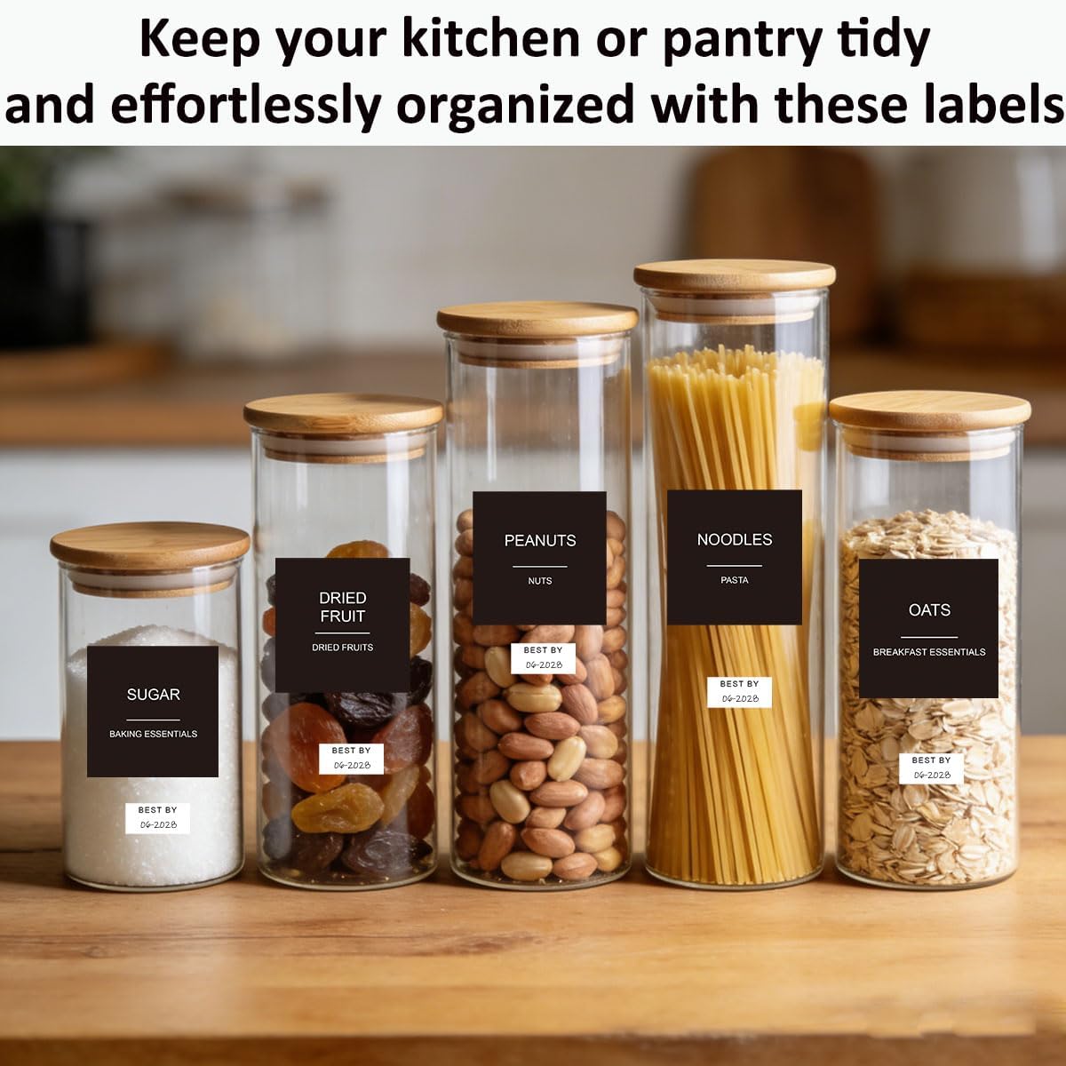 300pcs Pantry Labels for Food Containers, Preprinted Minimalist Waterproof Stickers Removable White Kitchen Food Labels Expiration Date Labels for Organizing Storage Bins Jars Bottles Boxes