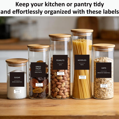 300pcs Pantry Labels for Food Containers, Preprinted Minimalist Waterproof Stickers Removable White Kitchen Food Labels Expiration Date Labels for Organizing Storage Bins Jars Bottles Boxes