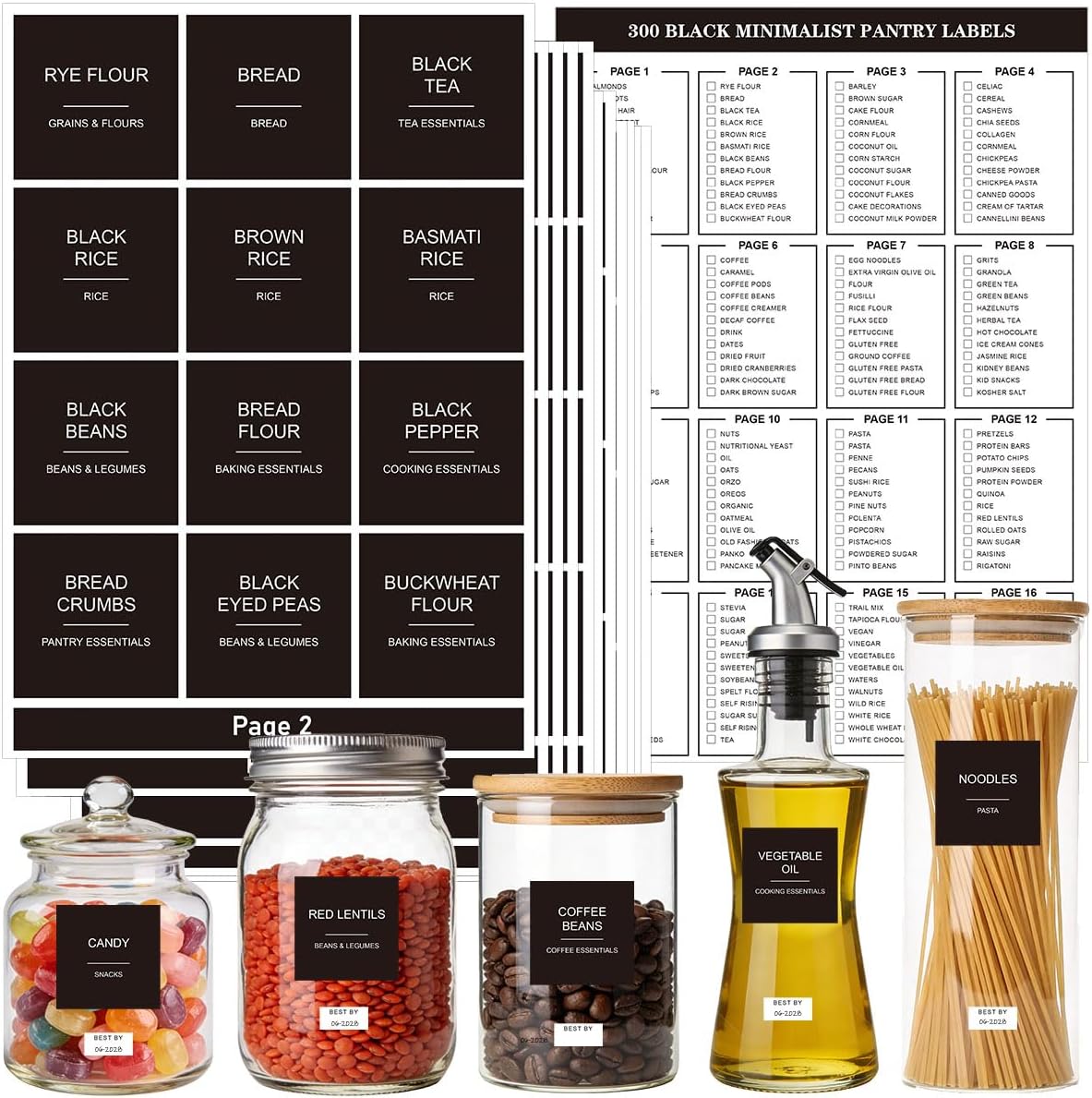 300pcs Pantry Labels for Food Containers, Preprinted Minimalist Waterproof Stickers Removable White Kitchen Food Labels Expiration Date Labels for Organizing Storage Bins Jars Bottles Boxes