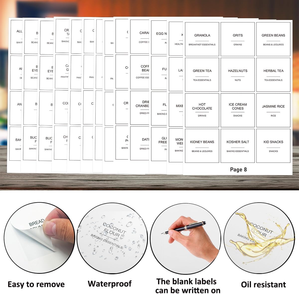 300pcs Pantry Labels for Food Containers, Preprinted Minimalist Waterproof Stickers Removable White Kitchen Food Labels Expiration Date Labels for Organizing Storage Bins Jars Bottles Boxes