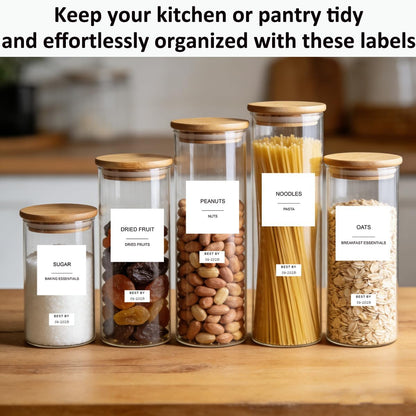 300pcs Pantry Labels for Food Containers, Preprinted Minimalist Waterproof Stickers Removable White Kitchen Food Labels Expiration Date Labels for Organizing Storage Bins Jars Bottles Boxes