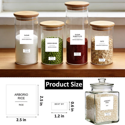 300pcs Pantry Labels for Food Containers, Preprinted Minimalist Waterproof Stickers Removable White Kitchen Food Labels Expiration Date Labels for Organizing Storage Bins Jars Bottles Boxes