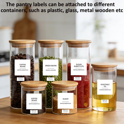 300pcs Pantry Labels for Food Containers, Preprinted Minimalist Waterproof Stickers Removable White Kitchen Food Labels Expiration Date Labels for Organizing Storage Bins Jars Bottles Boxes