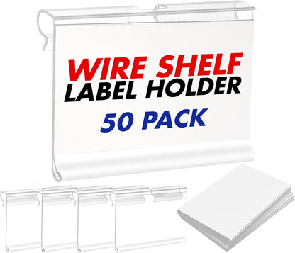 50 Pack Reusable Plastic Wire Shelf Label Holder, for Pantry Retail Merchandise Shopping Mall Store Shop Supermarket UPC Price Card Sign and Ticket Display Holder, Clip-On Design. 6cm X 4cm