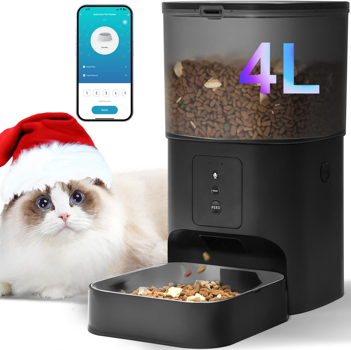 Automatic Cat Feeder, 4L Cat Food Dispenser with 10s Voice Recorder, Pet Feeder up to 8 Meals per Day, Timed Dog Feeder with Dry Food Sealed Ring