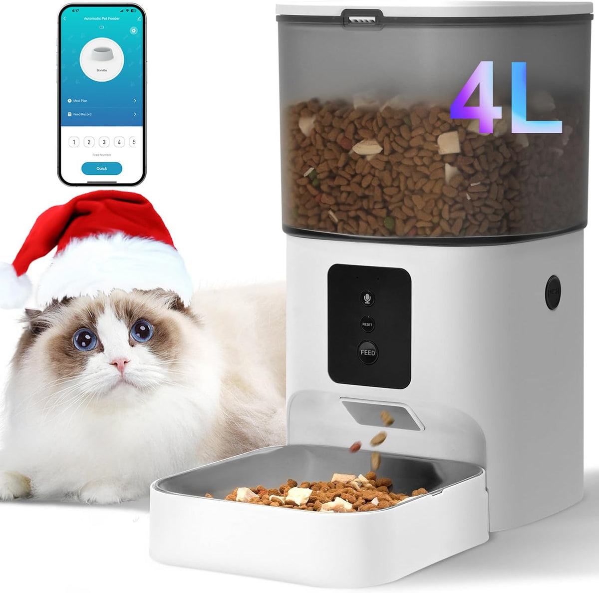 Automatic Cat Feeder, 4L Cat Food Dispenser with 10s Voice Recorder, Pet Feeder up to 8 Meals per Day, Timed Dog Feeder with Dry Food Sealed Ring