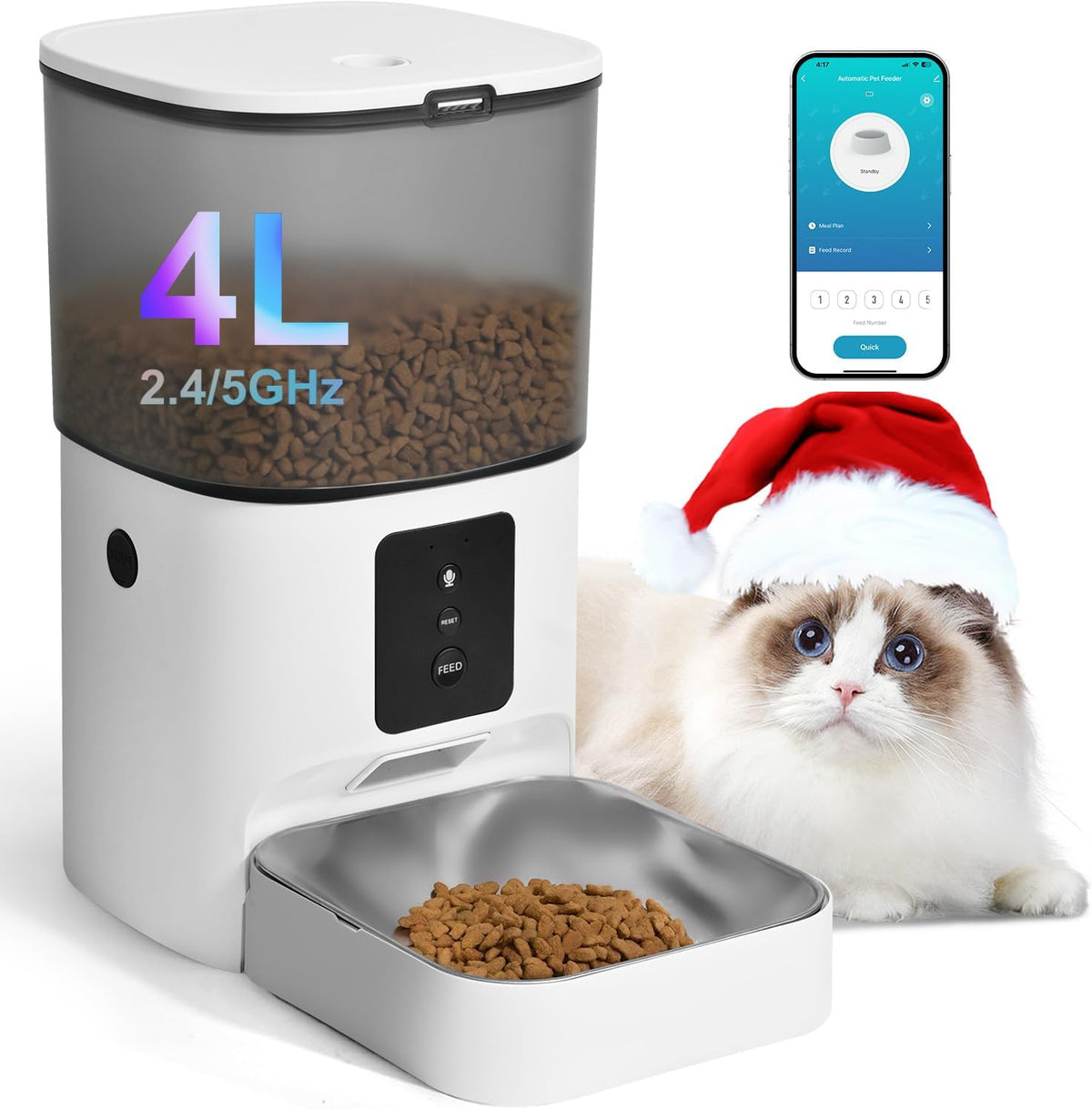 Automatic Cat Feeder, 4L Cat Food Dispenser with 10s Voice Recorder, Pet Feeder up to 8 Meals per Day, Timed Dog Feeder with Dry Food Sealed Ring