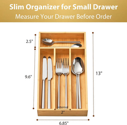 Bamboo Kitchen Drawer Organizer, 7 Inch Silverware Utensils Tray Holder for Small Drawer, Wood Caddy for Flatware Cutlery Knives
