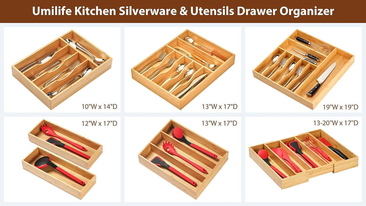 Bamboo Kitchen Drawer Organizer, 7 Inch Silverware Utensils Tray Holder for Small Drawer, Wood Caddy for Flatware Cutlery Knives