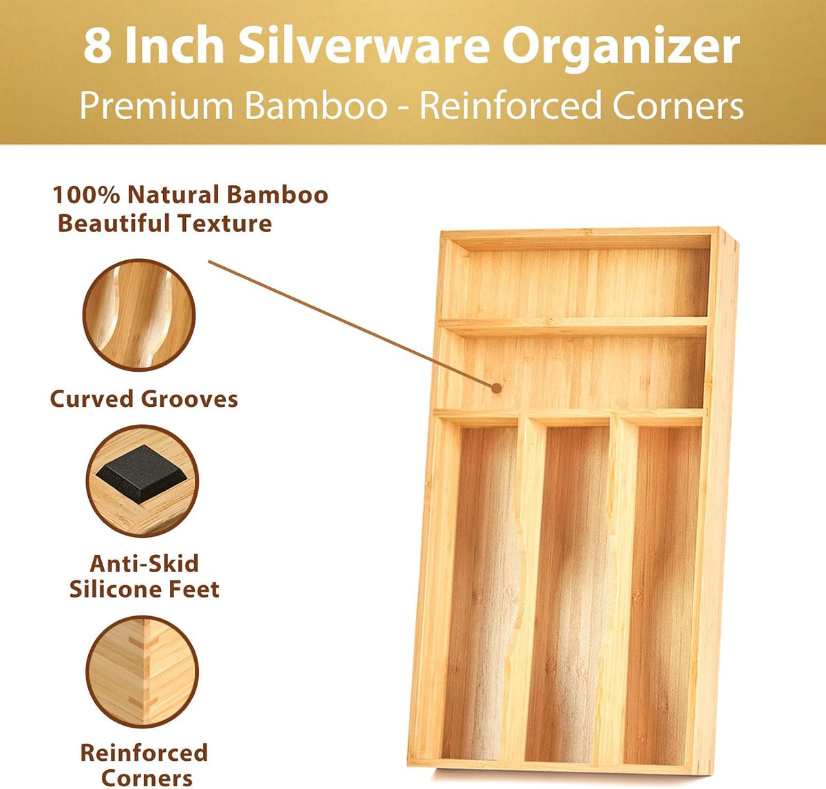 Bamboo Kitchen Drawer Organizer, 7 Inch Silverware Utensils Tray Holder for Small Drawer, Wood Caddy for Flatware Cutlery Knives