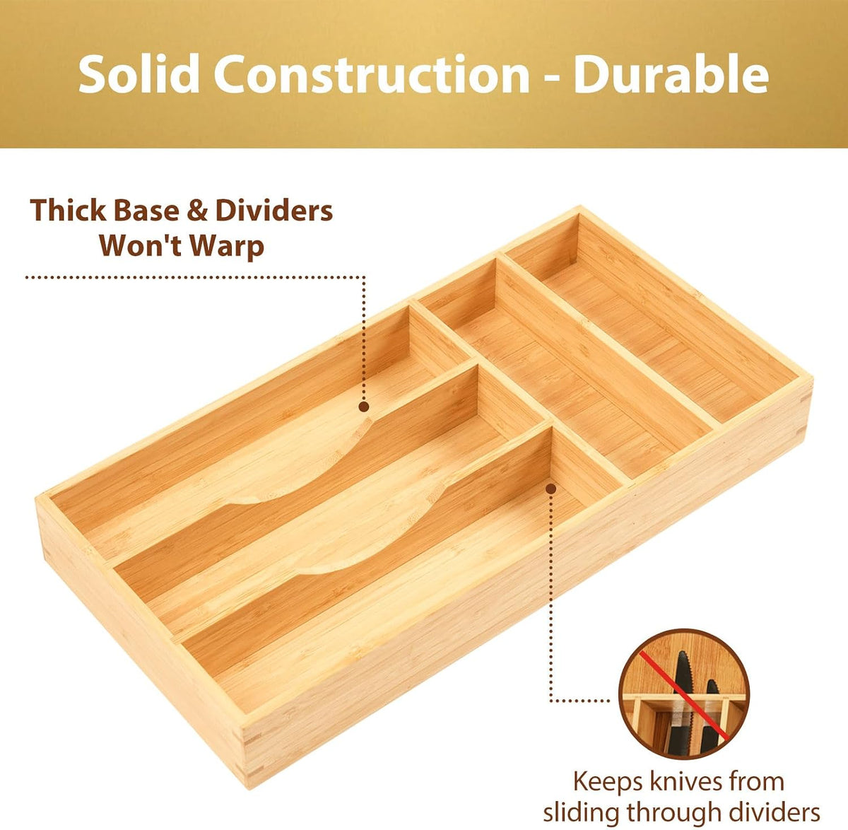 Bamboo Kitchen Drawer Organizer, 7 Inch Silverware Utensils Tray Holder for Small Drawer, Wood Caddy for Flatware Cutlery Knives