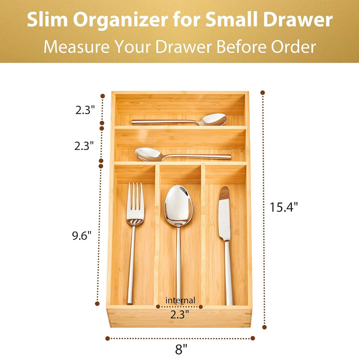 Bamboo Kitchen Drawer Organizer, 7 Inch Silverware Utensils Tray Holder for Small Drawer, Wood Caddy for Flatware Cutlery Knives