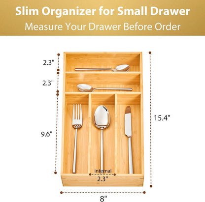 Bamboo Kitchen Drawer Organizer, 7 Inch Silverware Utensils Tray Holder for Small Drawer, Wood Caddy for Flatware Cutlery Knives