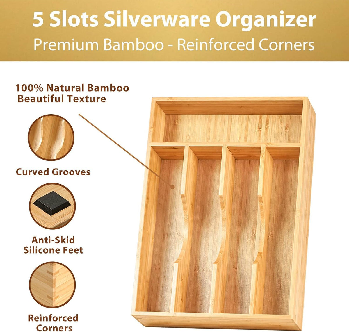 Bamboo Kitchen Drawer Organizer, 7 Inch Silverware Utensils Tray Holder for Small Drawer, Wood Caddy for Flatware Cutlery Knives