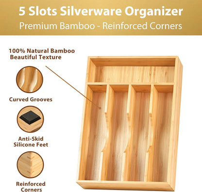 Bamboo Kitchen Drawer Organizer, 7 Inch Silverware Utensils Tray Holder for Small Drawer, Wood Caddy for Flatware Cutlery Knives