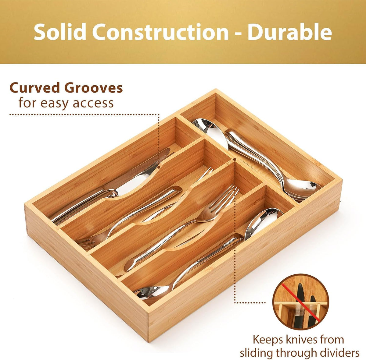 Bamboo Kitchen Drawer Organizer, 7 Inch Silverware Utensils Tray Holder for Small Drawer, Wood Caddy for Flatware Cutlery Knives