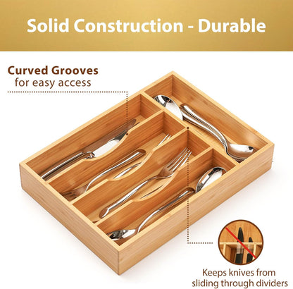 Bamboo Kitchen Drawer Organizer, 7 Inch Silverware Utensils Tray Holder for Small Drawer, Wood Caddy for Flatware Cutlery Knives
