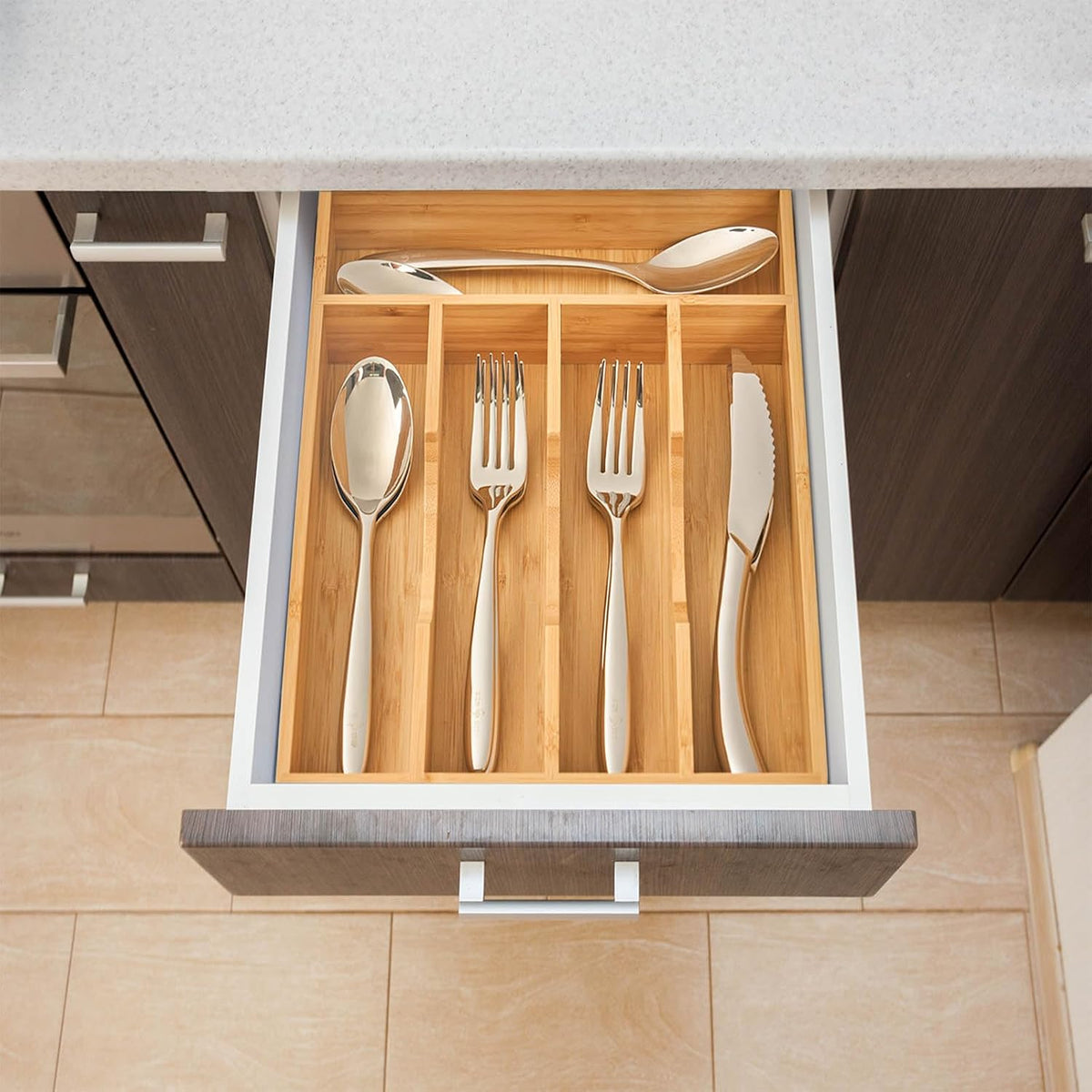 Bamboo Kitchen Drawer Organizer, 7 Inch Silverware Utensils Tray Holder for Small Drawer, Wood Caddy for Flatware Cutlery Knives