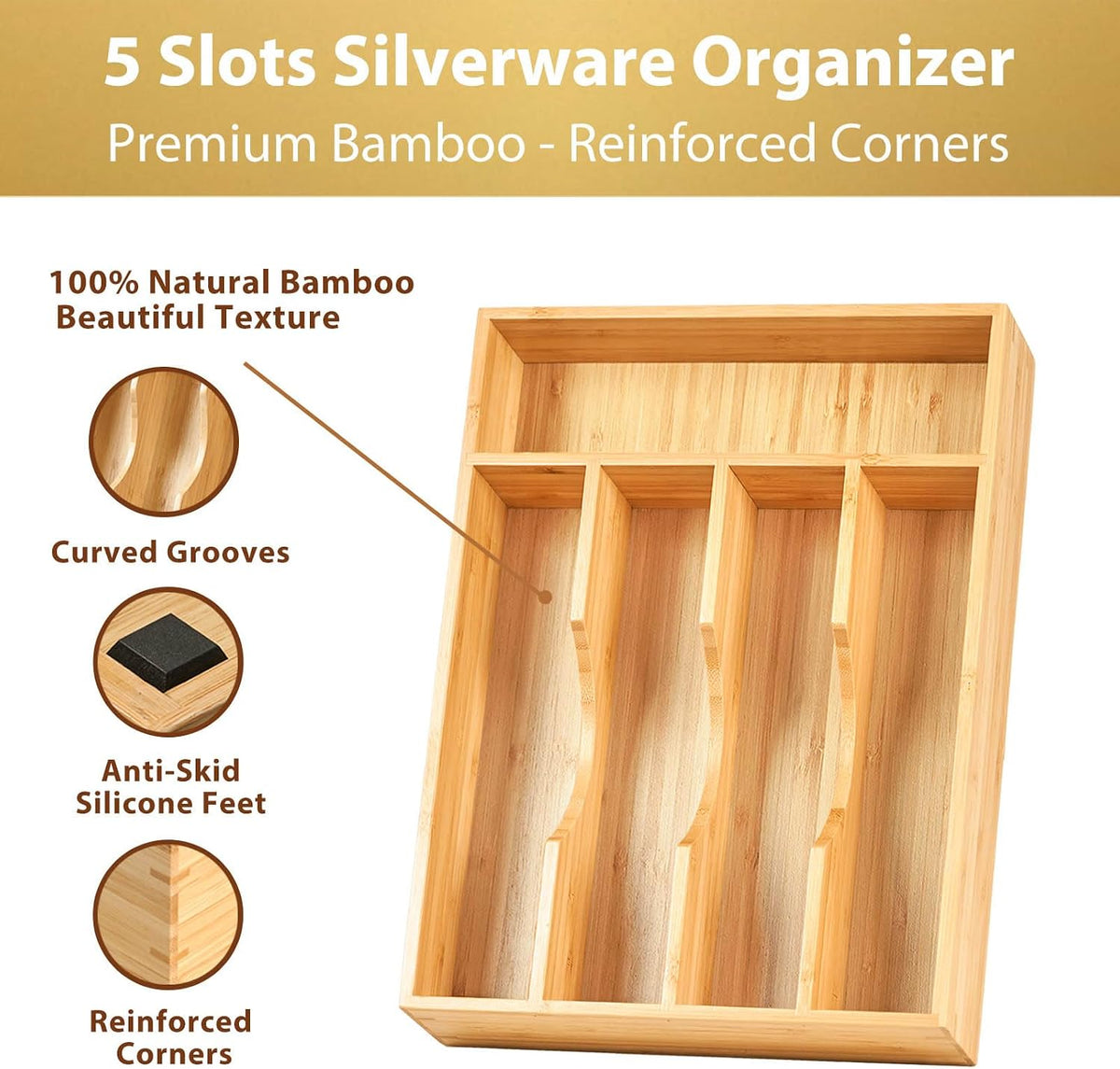 Bamboo Kitchen Drawer Organizer, 7 Inch Silverware Utensils Tray Holder for Small Drawer, Wood Caddy for Flatware Cutlery Knives