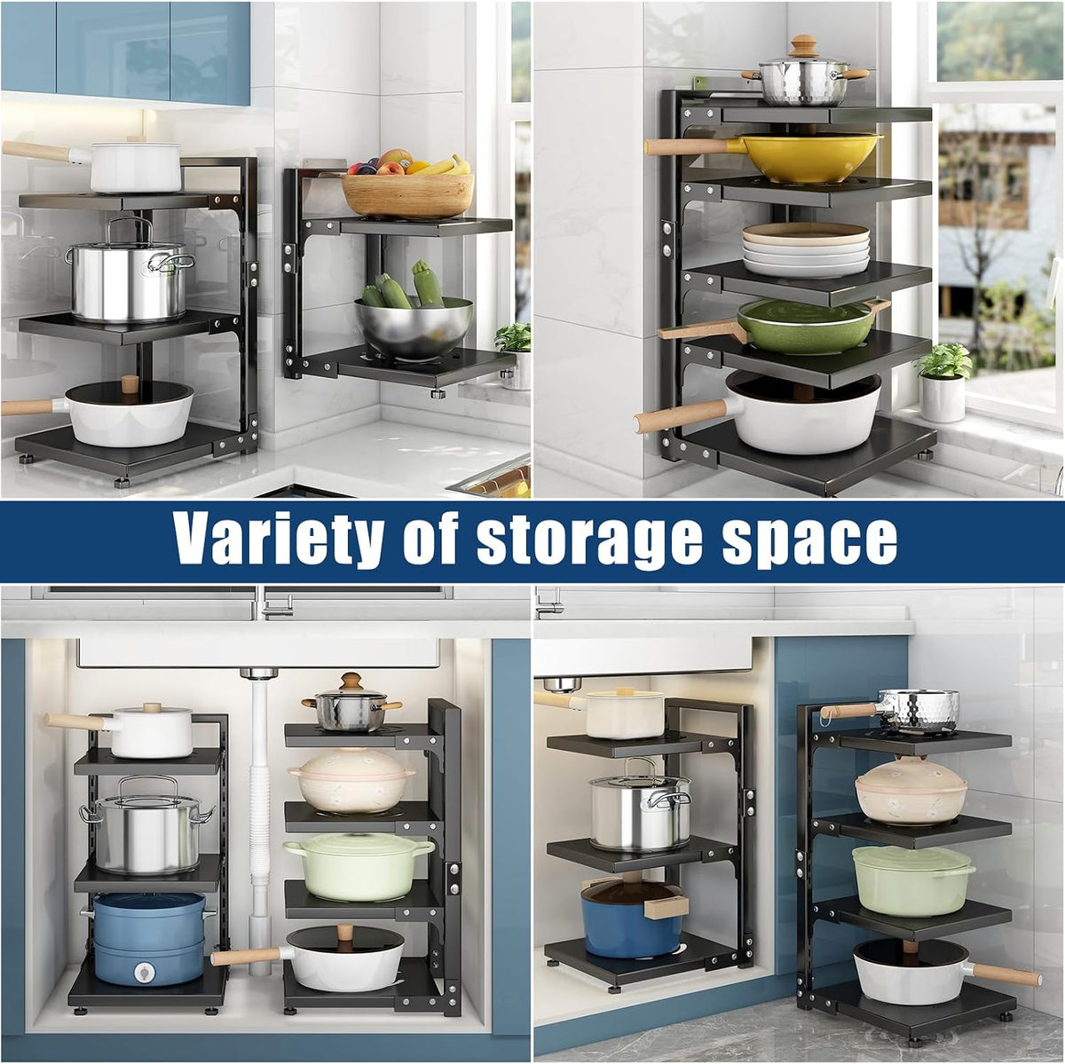 Pot Rack Organizers： 7-Tier Adjustable Heavy Duty Pan Organizer Rack for Cabinet ，Multiple Use Modes，Pot Rack & Pan Rack for Kitchen Counter and Cabinet