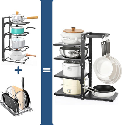 Pot Rack Organizers： 7-Tier Adjustable Heavy Duty Pan Organizer Rack for Cabinet ，Multiple Use Modes，Pot Rack & Pan Rack for Kitchen Counter and Cabinet
