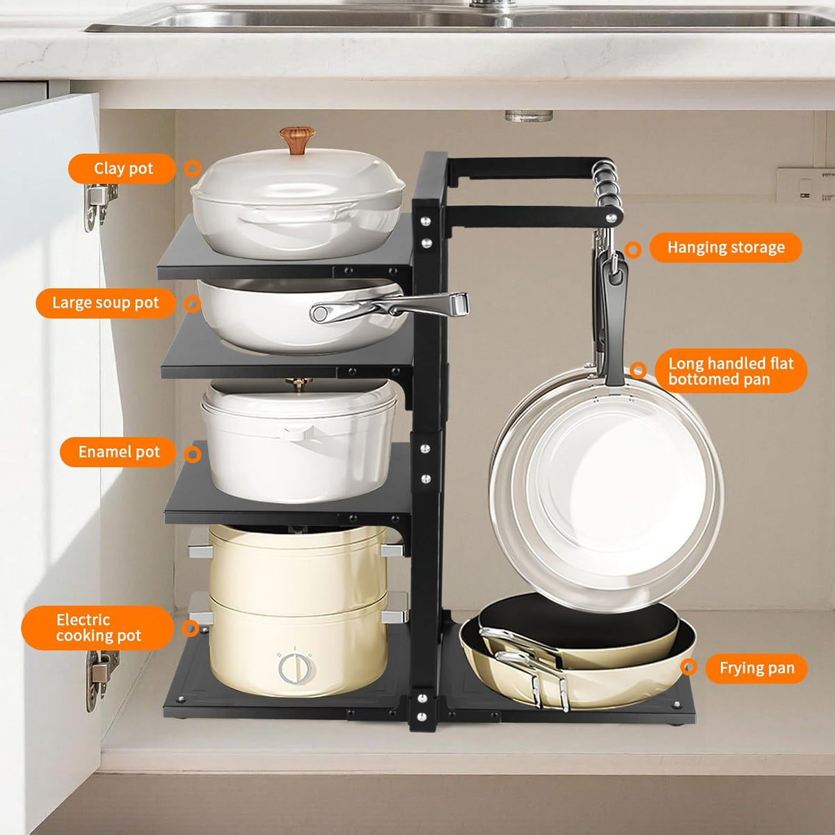 Pot Rack Organizers： 7-Tier Adjustable Heavy Duty Pan Organizer Rack for Cabinet ，Multiple Use Modes，Pot Rack & Pan Rack for Kitchen Counter and Cabinet