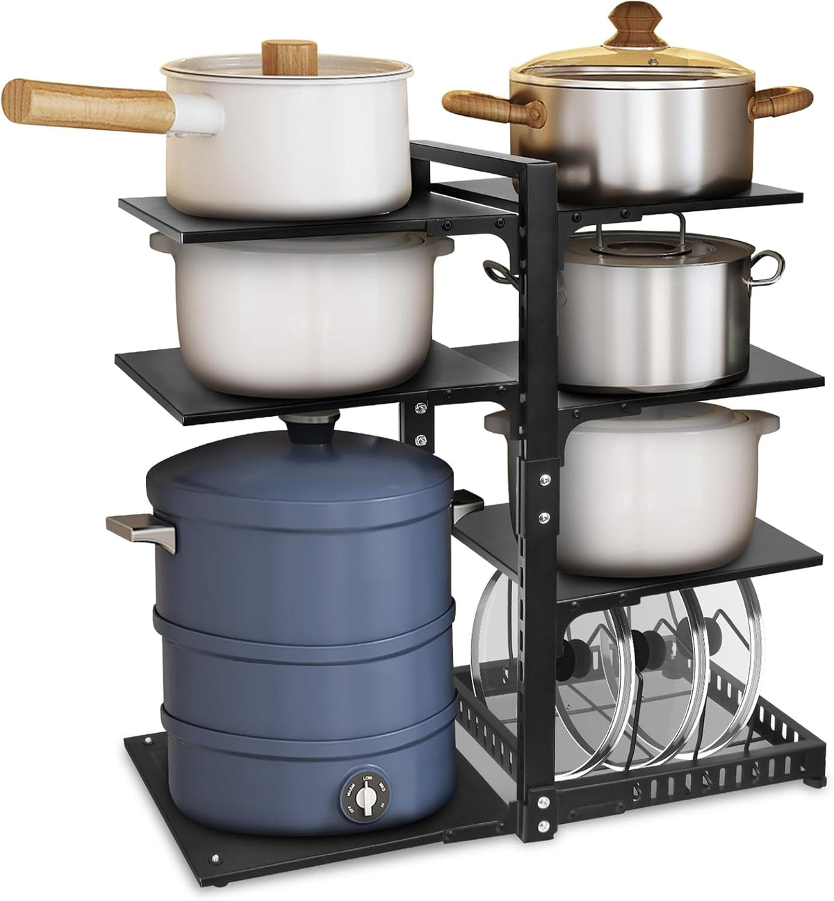 Pot Rack Organizers： 7-Tier Adjustable Heavy Duty Pan Organizer Rack for Cabinet ，Multiple Use Modes，Pot Rack & Pan Rack for Kitchen Counter and Cabinet