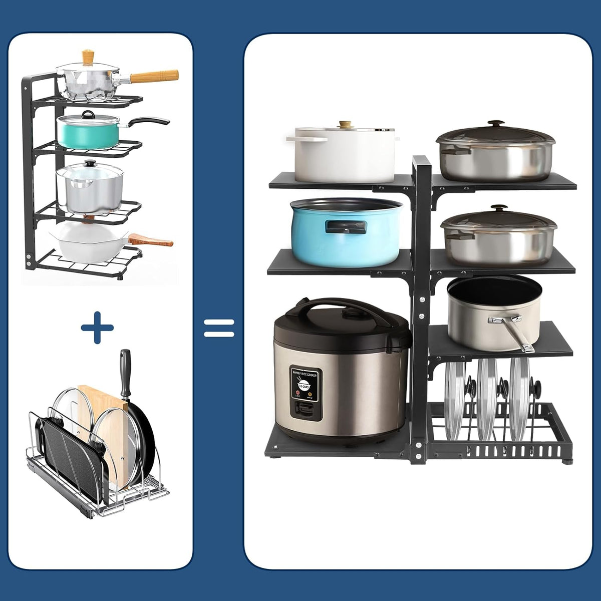Pot Rack Organizers： 7-Tier Adjustable Heavy Duty Pan Organizer Rack for Cabinet ，Multiple Use Modes，Pot Rack & Pan Rack for Kitchen Counter and Cabinet