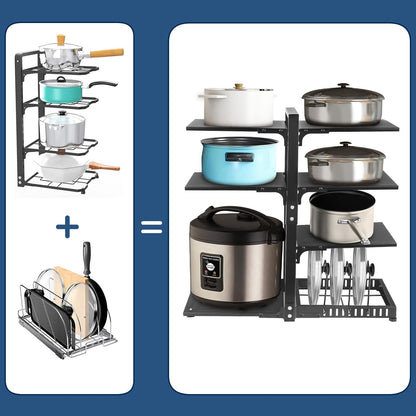 Pot Rack Organizers： 7-Tier Adjustable Heavy Duty Pan Organizer Rack for Cabinet ，Multiple Use Modes，Pot Rack & Pan Rack for Kitchen Counter and Cabinet