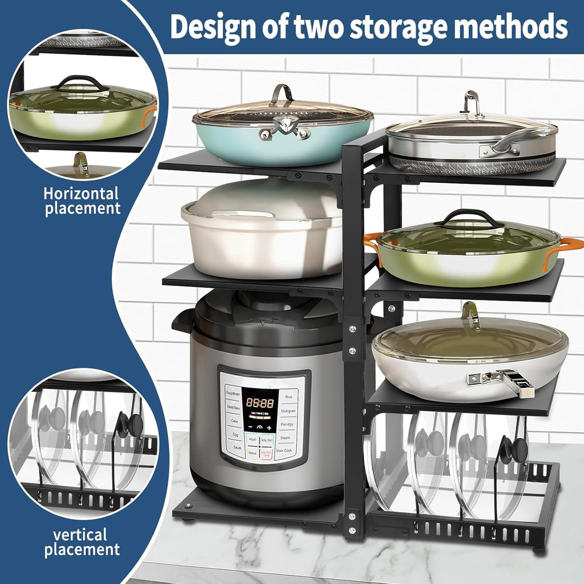 Pot Rack Organizers： 7-Tier Adjustable Heavy Duty Pan Organizer Rack for Cabinet ，Multiple Use Modes，Pot Rack & Pan Rack for Kitchen Counter and Cabinet