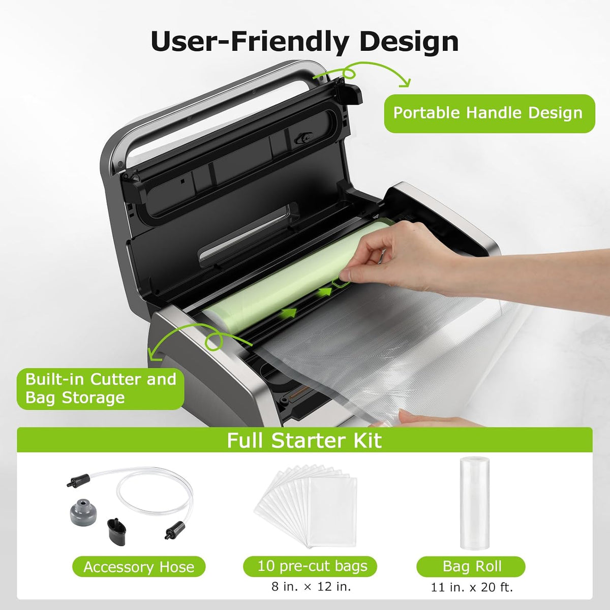 Vacuum Sealer with Easy Handle Design,1 Bag Roll & 10 Bags